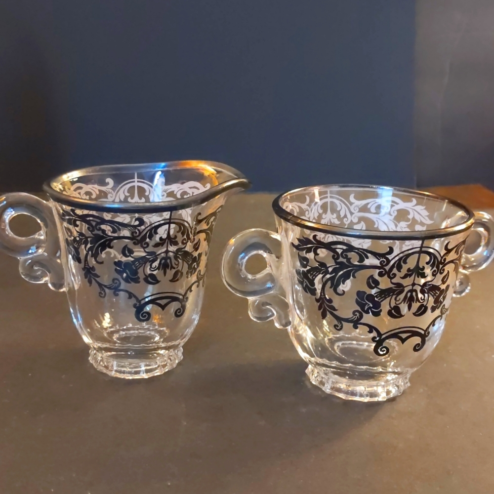 Vintage Herisey Glass Creamer Sugar with Floral Silver Overlay Lariat Handles